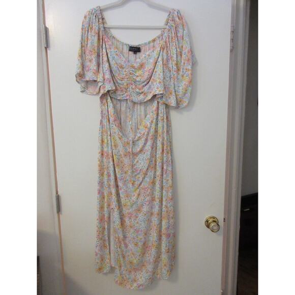 Eloqui Womens Floral Pastel Cut Out Dress size 16 Flutter Sleeve‎ Slit Bottom - Picture 1 of 7